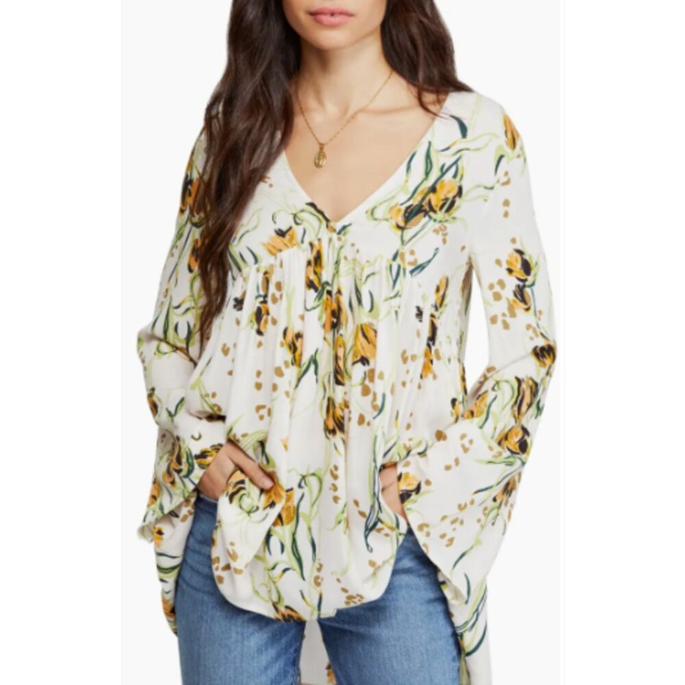 FREE PEOPLE Bella V-neck Print Tunic Long Sleeve Top Blouse - xs